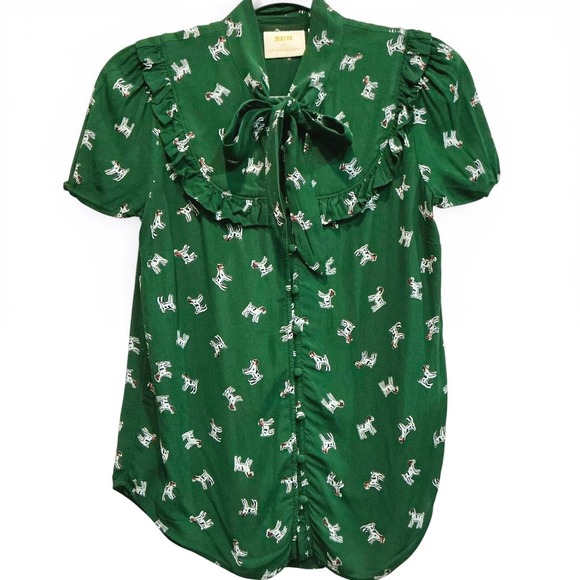 Maeve Tops - Anthropologie Adagio Dog Ruffle Blouse Green Short Sleeve XS Novelty Print